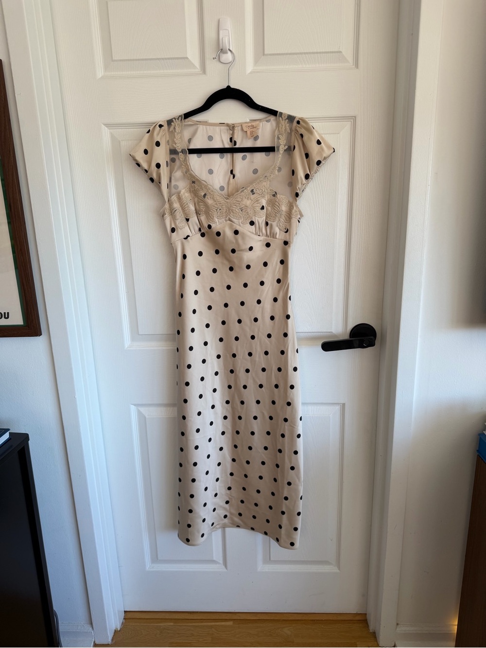 Beige Polka Dot Satin Midi Dress with Lace Trim